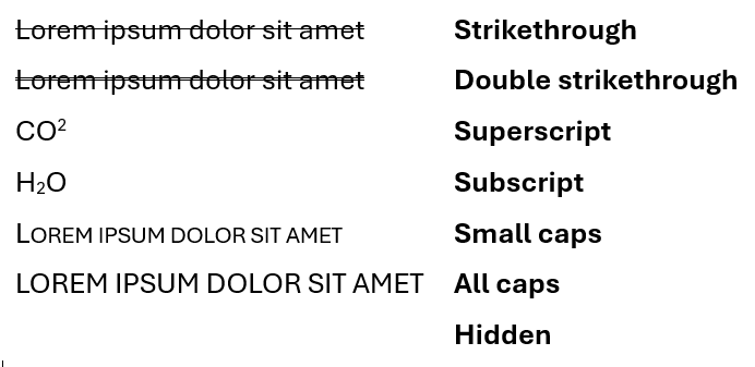 Examples of different Font effects in Word